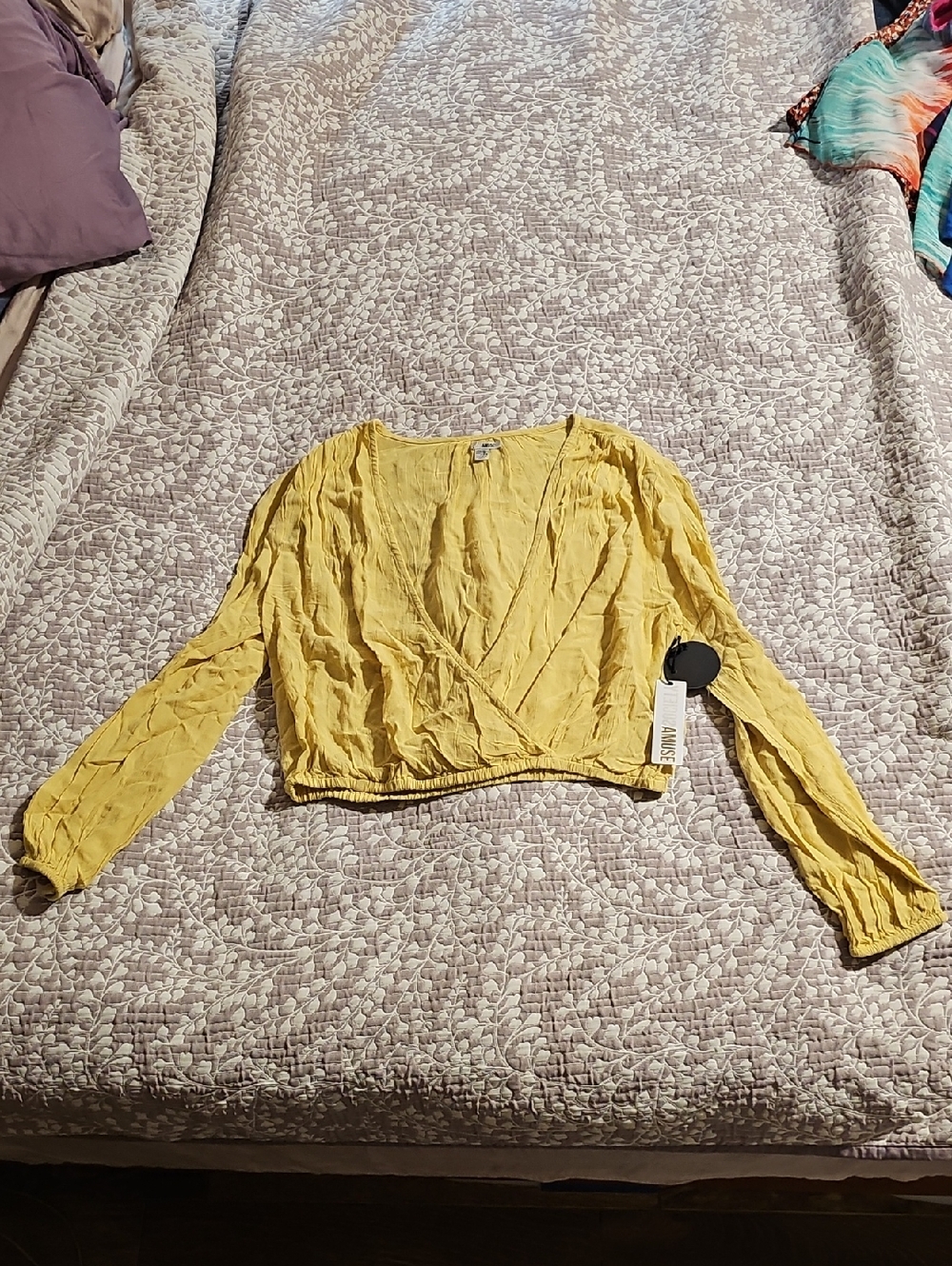 Amuse Society Yellow Wrap Crop Top with Long Sleeves